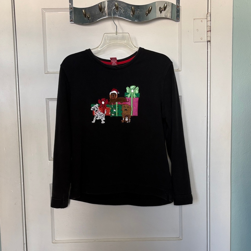 Merry & Bright Festive Black Sweatshirt with Holiday Dog Design Size M